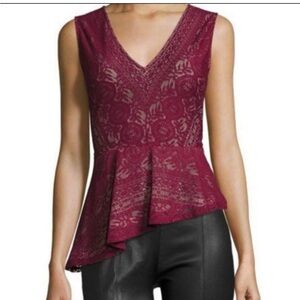 BCBG style Avalon Lace Asymmetric-Peplum Top, Deep Cranberry